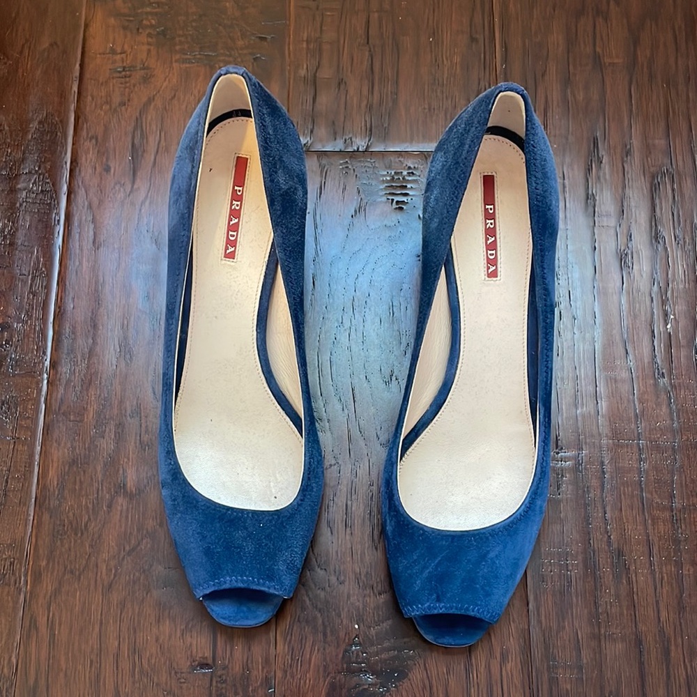 Prada navy blue suede peep toe pumps